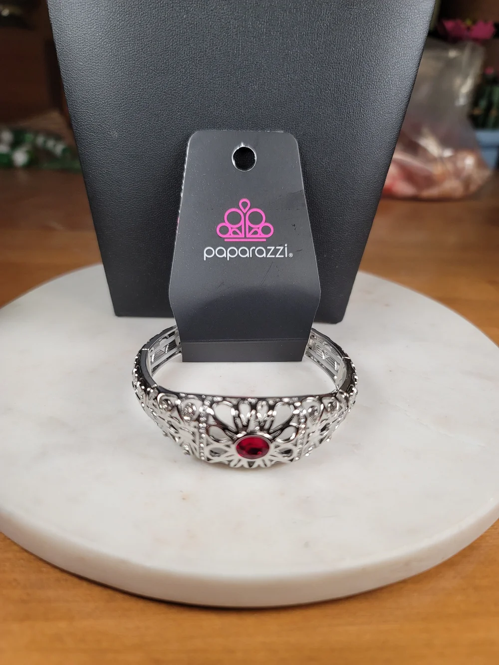 paparazzi Silver Filigree Bracelet with Red Stone Accent